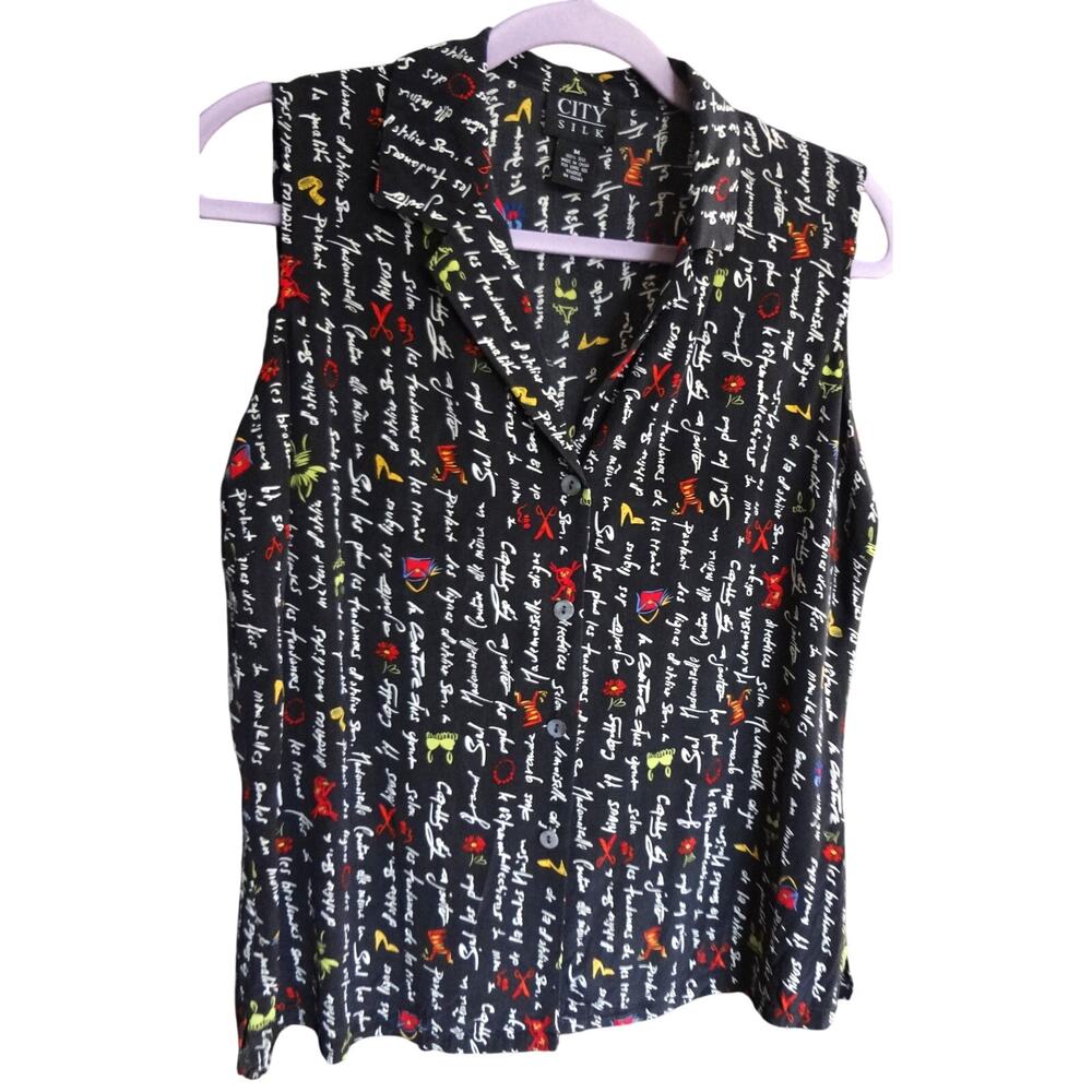 Vintage 90s Y2K City SILK Black Tank Top Collared Medium Whimsical Womens Retro